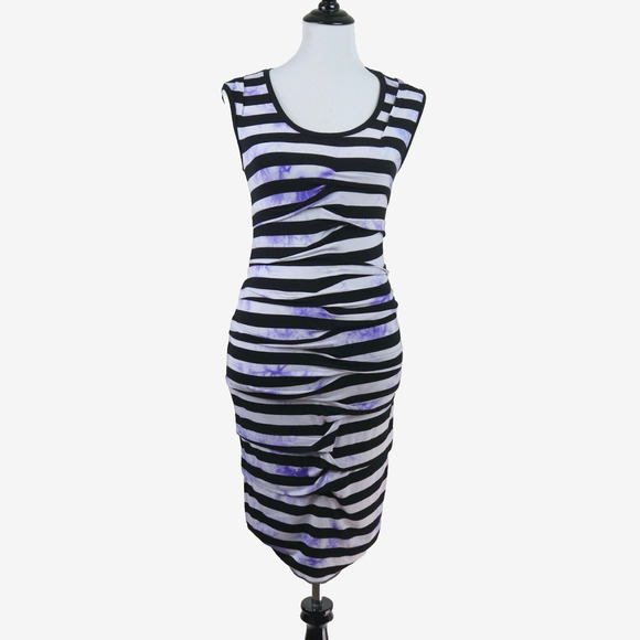 Nicole Miller Artelier Size S Ruched Dress Purple Splash Dye Stripe - Picture 2 of 9